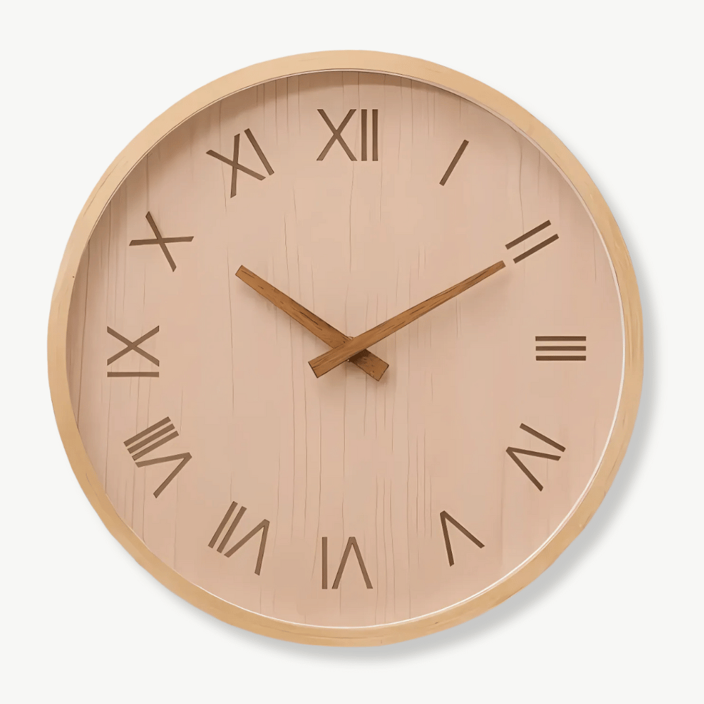 Roman numeral bamboo and wood wall clock with glass mirror accent, 30 cm
