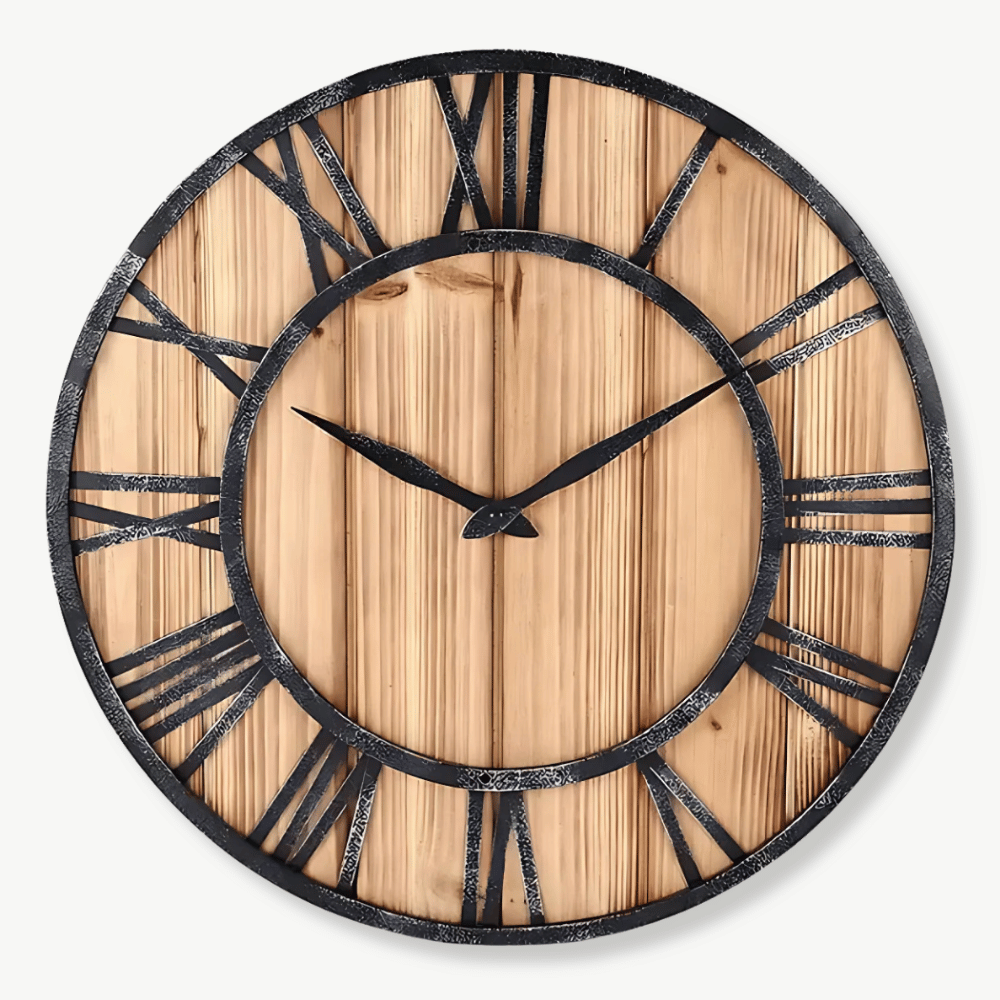 Wood and metal Roman numeral wall clock in natural wood finish