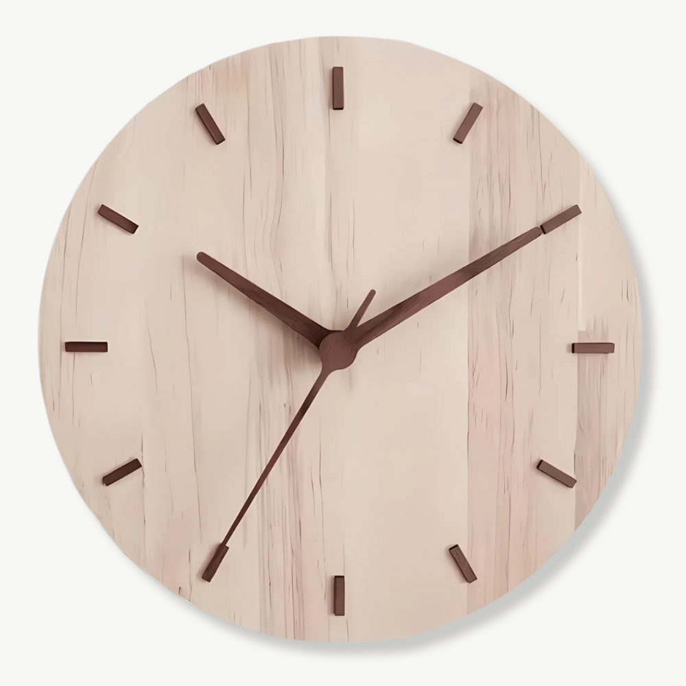 Minimalist solid wood wall clock 30 cm natural finish front view
