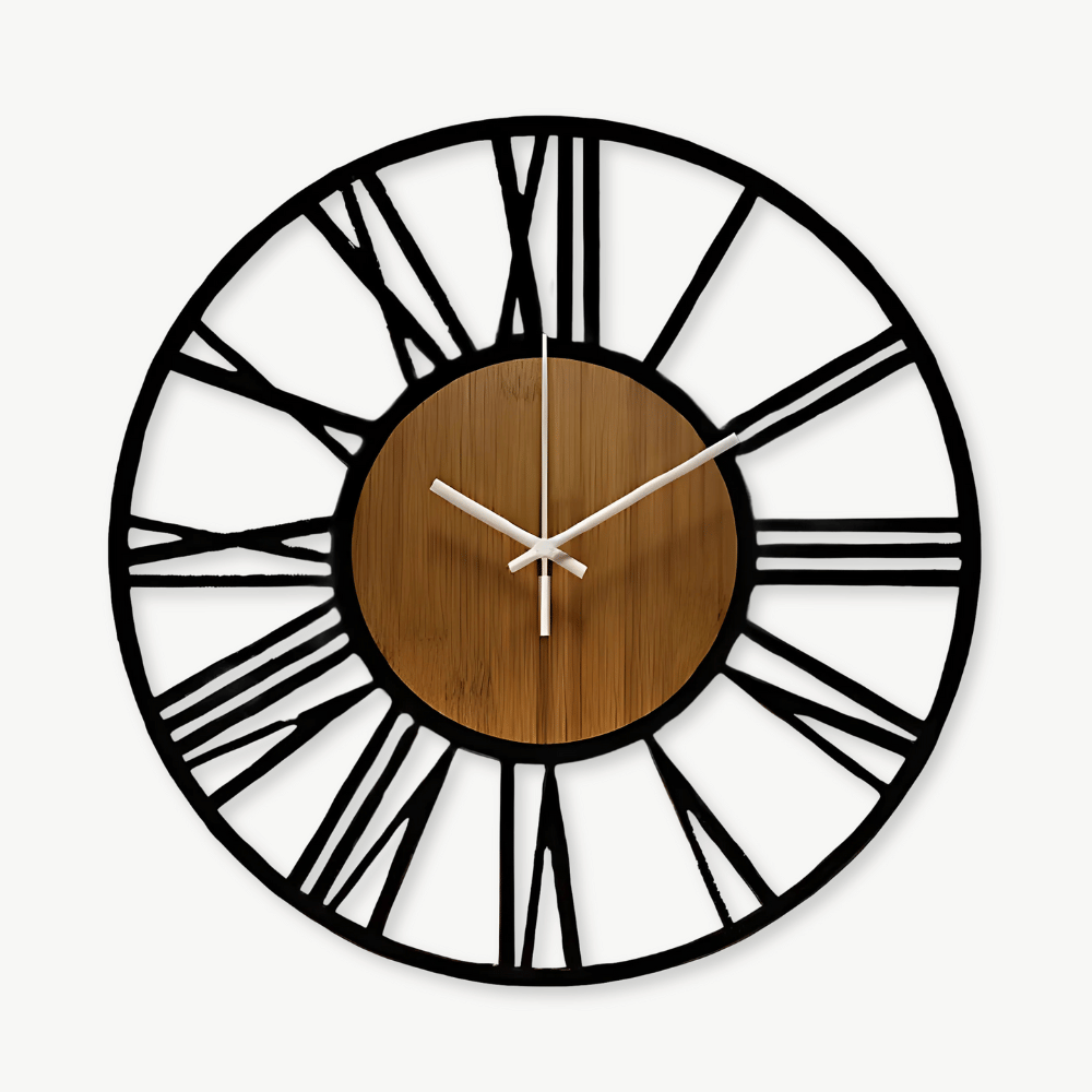 Scandinavian bamboo wood wall clock with metal Roman numerals on a white wall