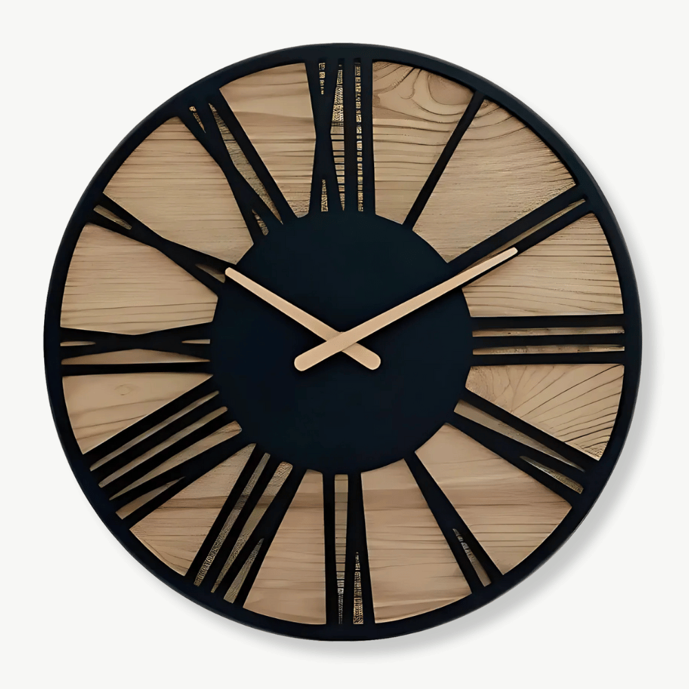 40 cm wood and black metal Roman numeral wall clock front view