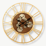 60 cm wood and gear wall clock with Roman numerals and spinning gears