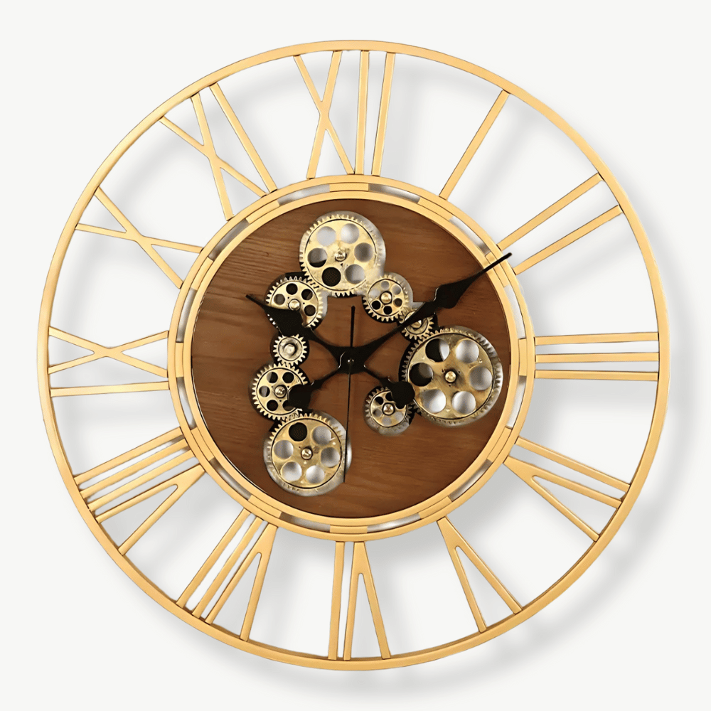 60 cm wood and gear wall clock with Roman numerals and spinning gears