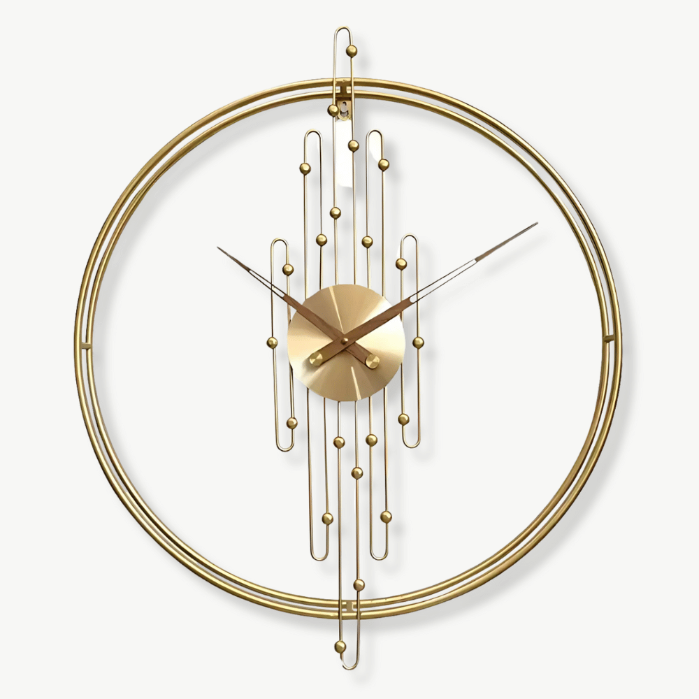 Art Deco round metal wall clock with no-number dial on a light living room wall