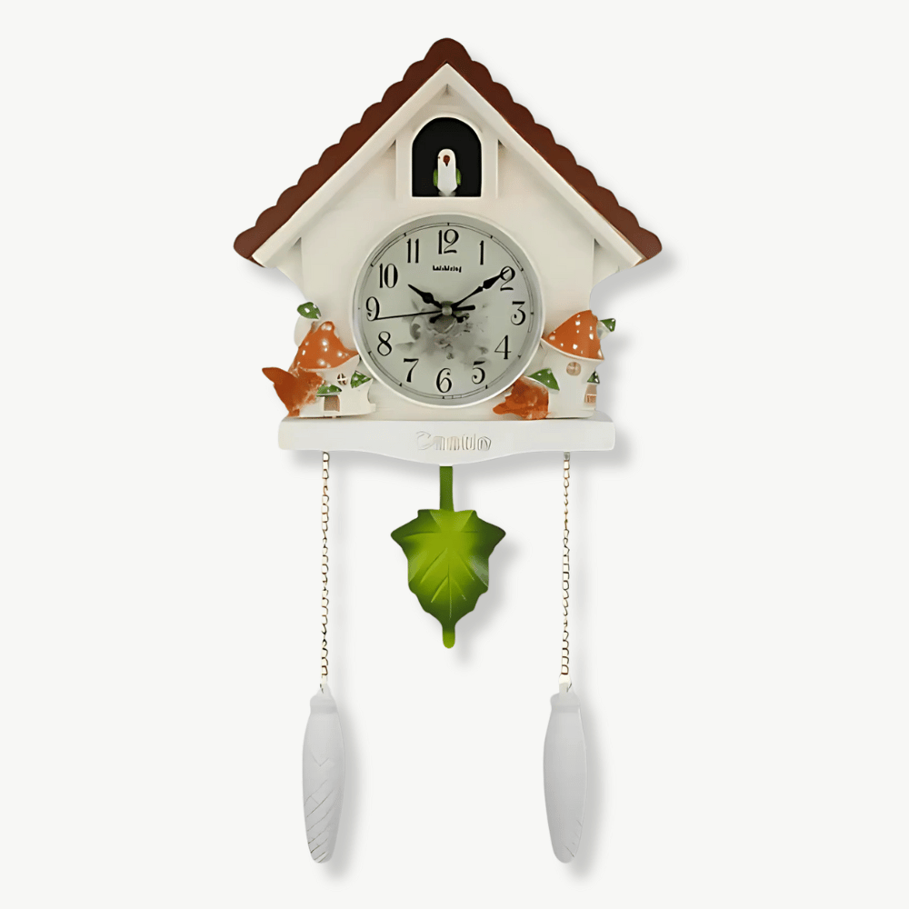 Cuckoo wall clock with leaf pendulum and 3D treehouse design in resin