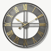 60 cm aged metal loft wall clock with Roman numerals on a brick wall