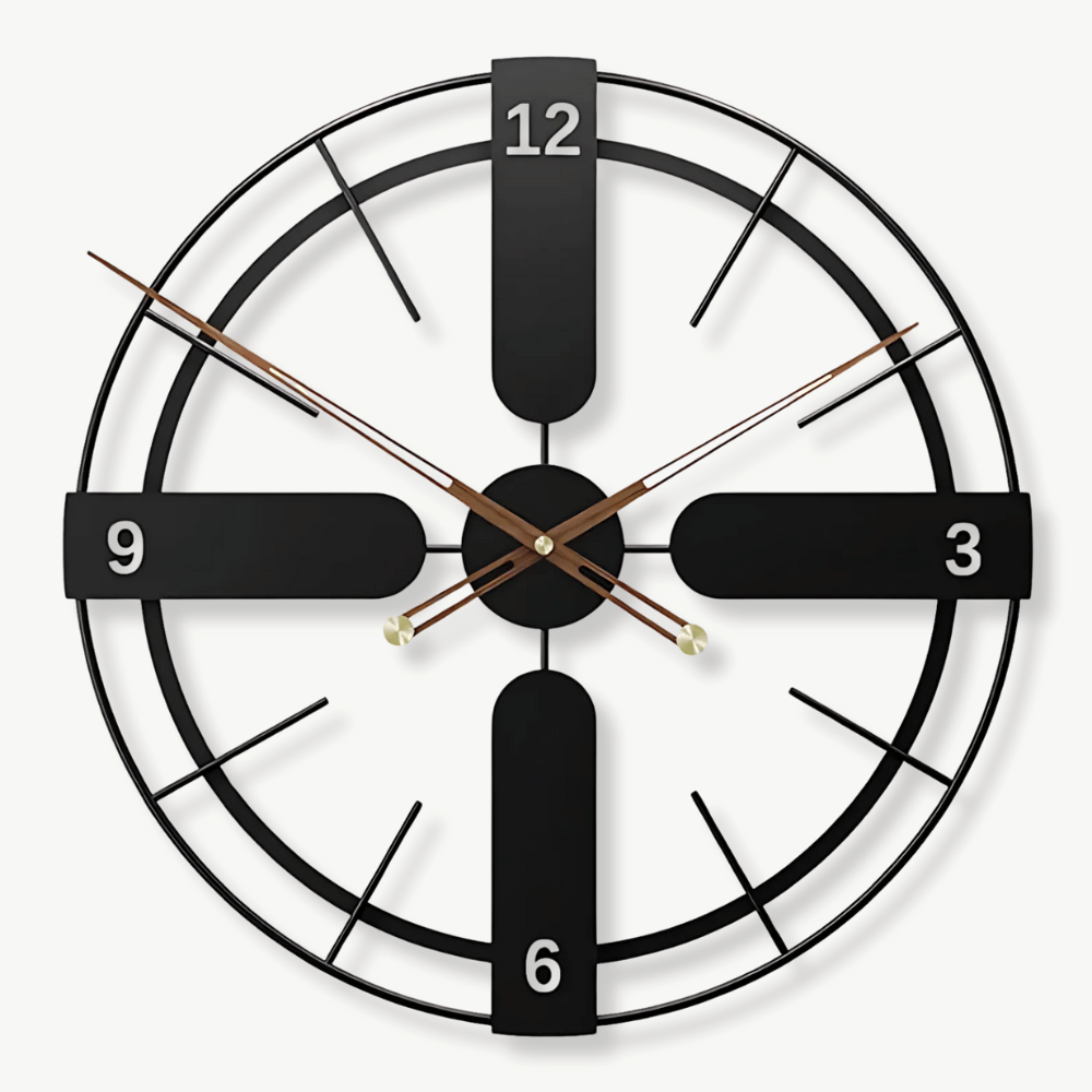 Cross design round metal wall clock 70 cm on a living room wall