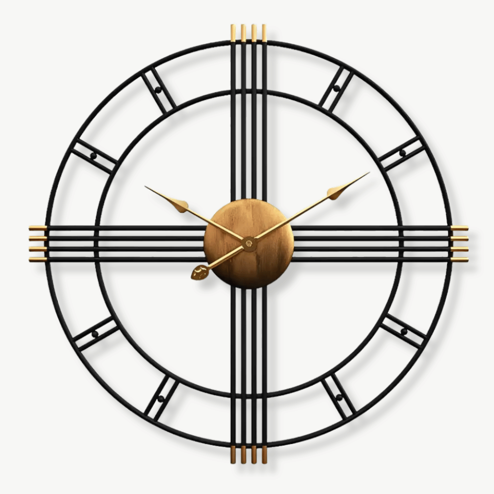 Industrial wall clock with natural wood face and black metal body, 50 cm