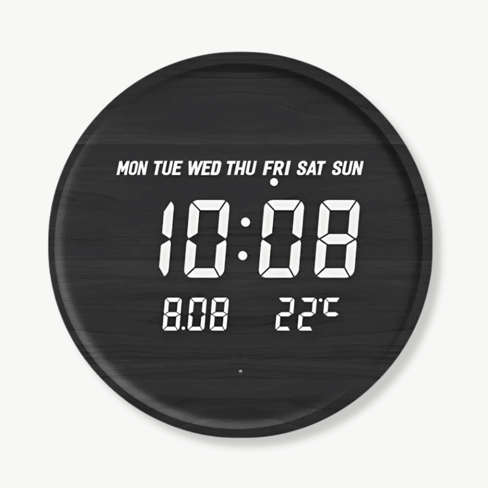 LED digital wall clock with natural bamboo wood frame glowing in a modern bedroom