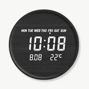 LED digital wall clock with natural bamboo wood frame glowing in a modern bedroom