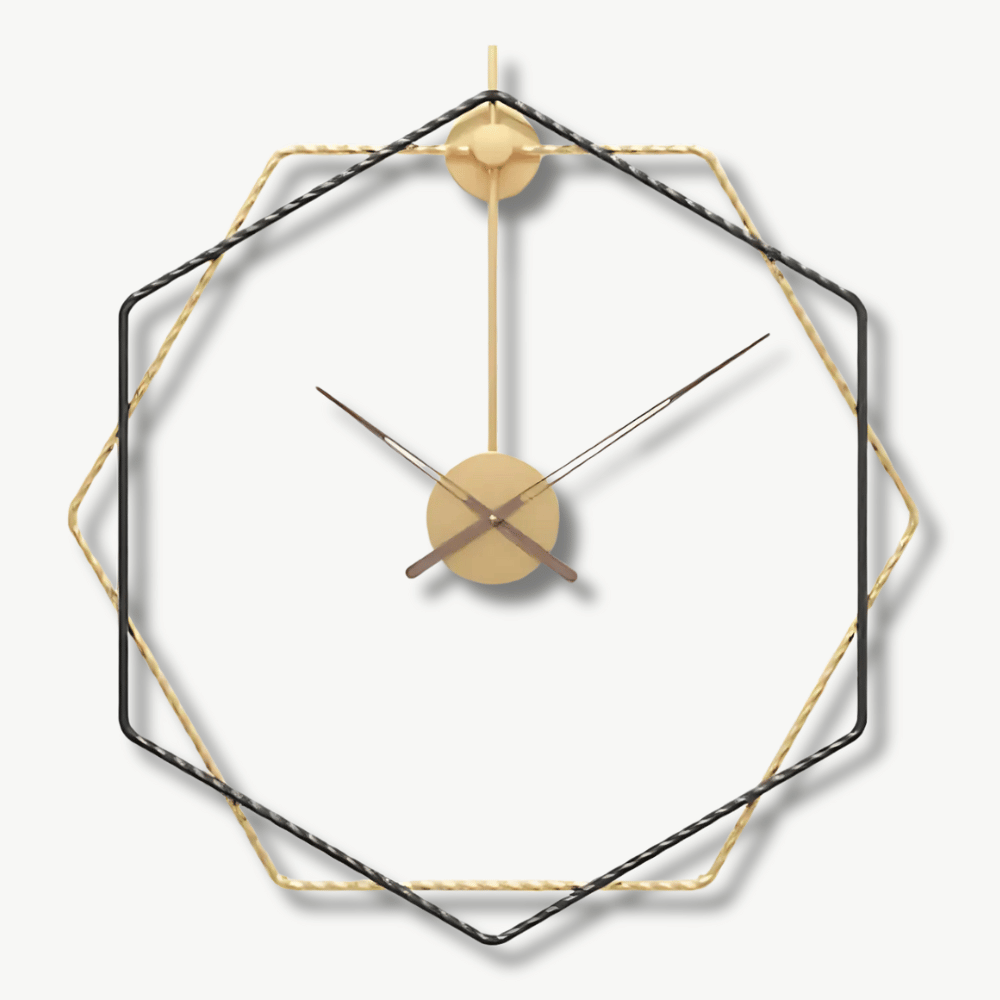 Gold octagon metal wall clock 50 cm on a white living room wall
