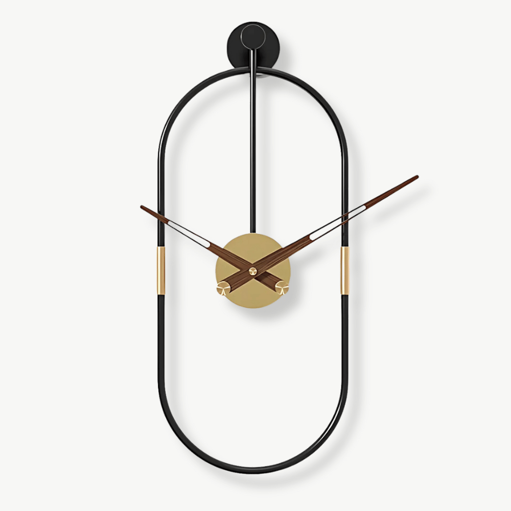 Oval design metal wall clock with geometric shape on a modern living room wall