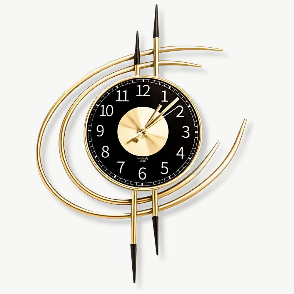 Luxury gold and black metal wall clock 55x41 cm on a modern living room wall