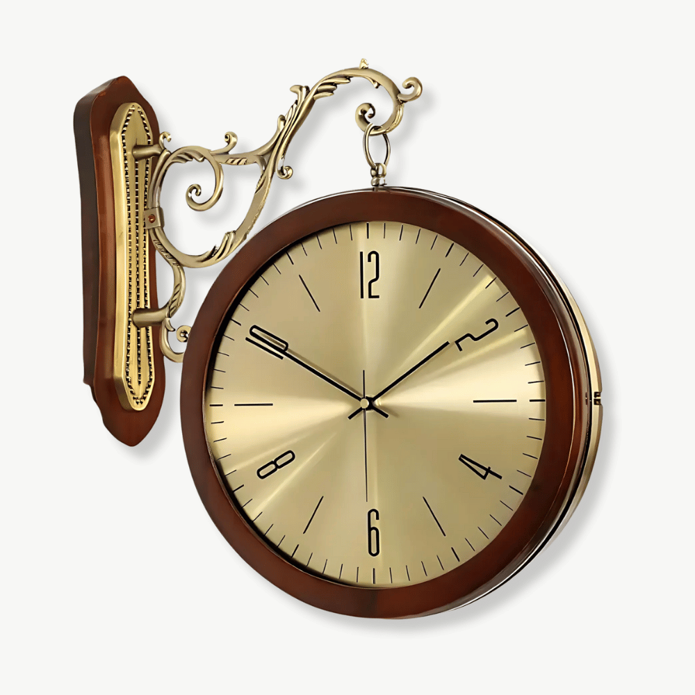 Double-sided vintage wall clock with solid wood shell, 45 cm diameter