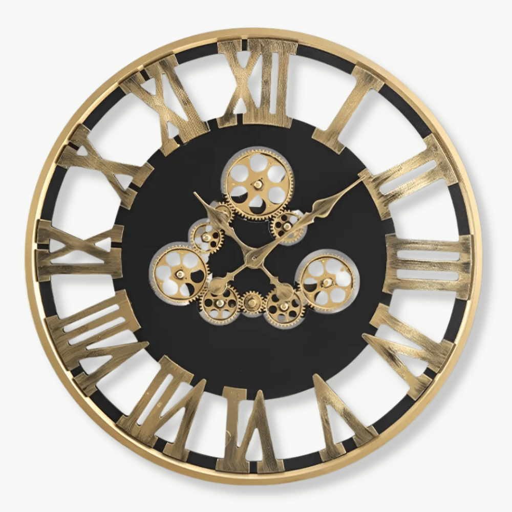 Gold spinning gear wall clock 60 cm industrial metal design front view