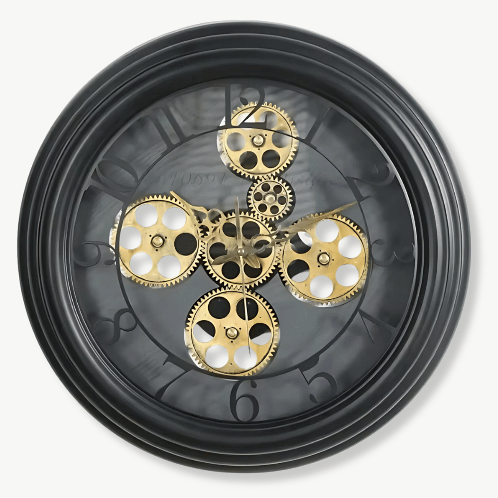 Exposed gear wall clock with black metal body and glass mirror face