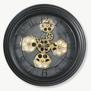 Exposed gear wall clock with black metal body and glass mirror face