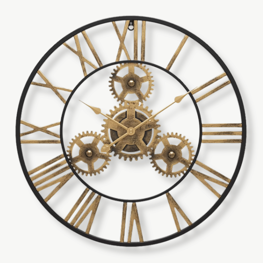Golden gear wall clock with 3D metal design on a white wall