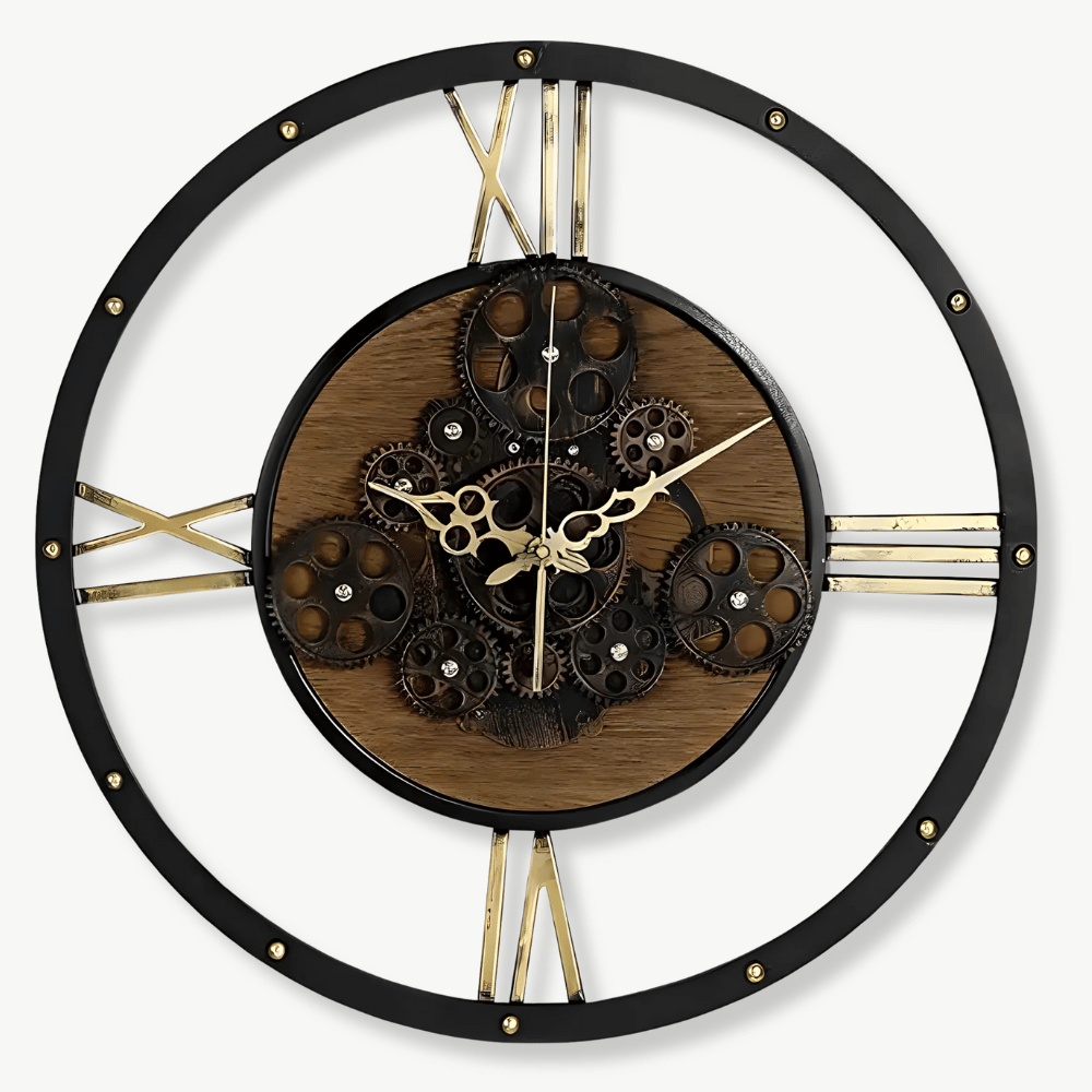 Vintage gear wall clock with metal frame and bamboo dial, 20 inches, front view
