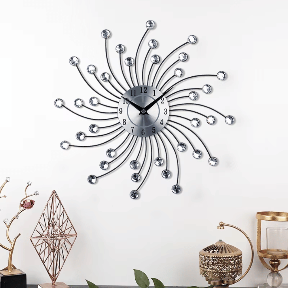 Silent quartz wall clock with geometric star pattern on white wall