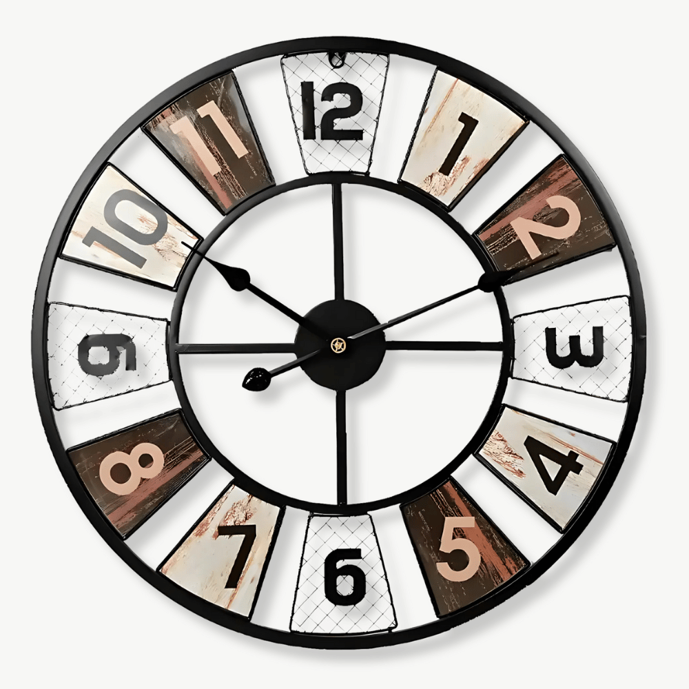 Colorful industrial wall clock with bold Arabic numerals on a white wall