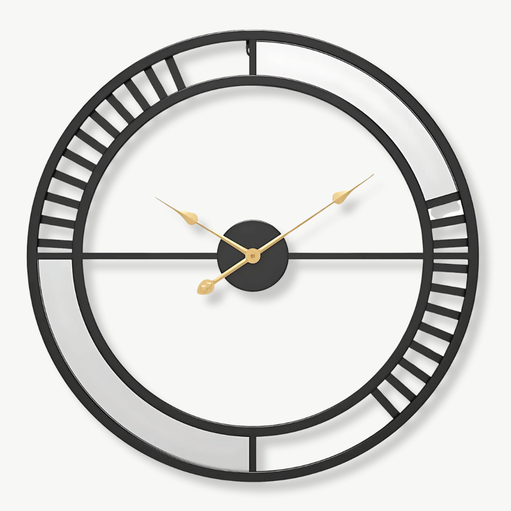 Industrial loft wall clock with mirror and black metal frame, 50 cm diameter