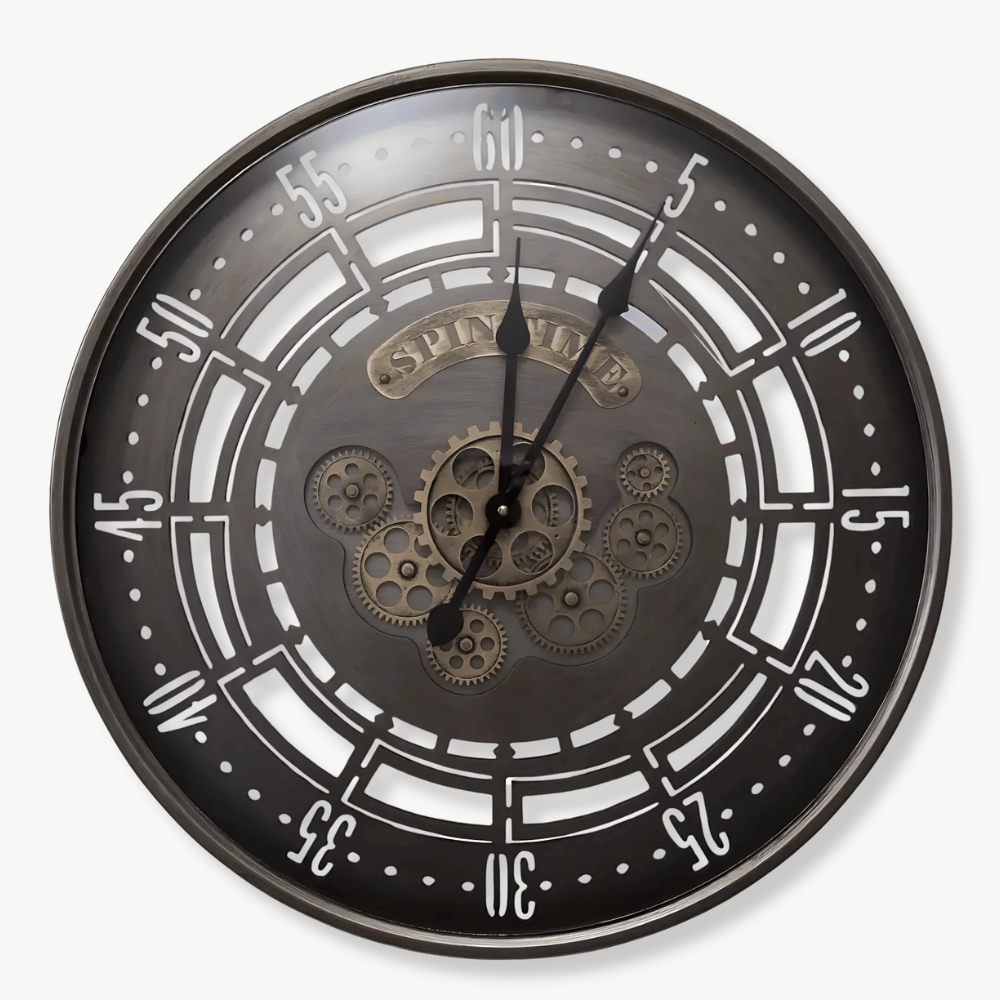 Industrial Spin Time vintage wall clock with rotating gear mechanism, 60 cm diameter