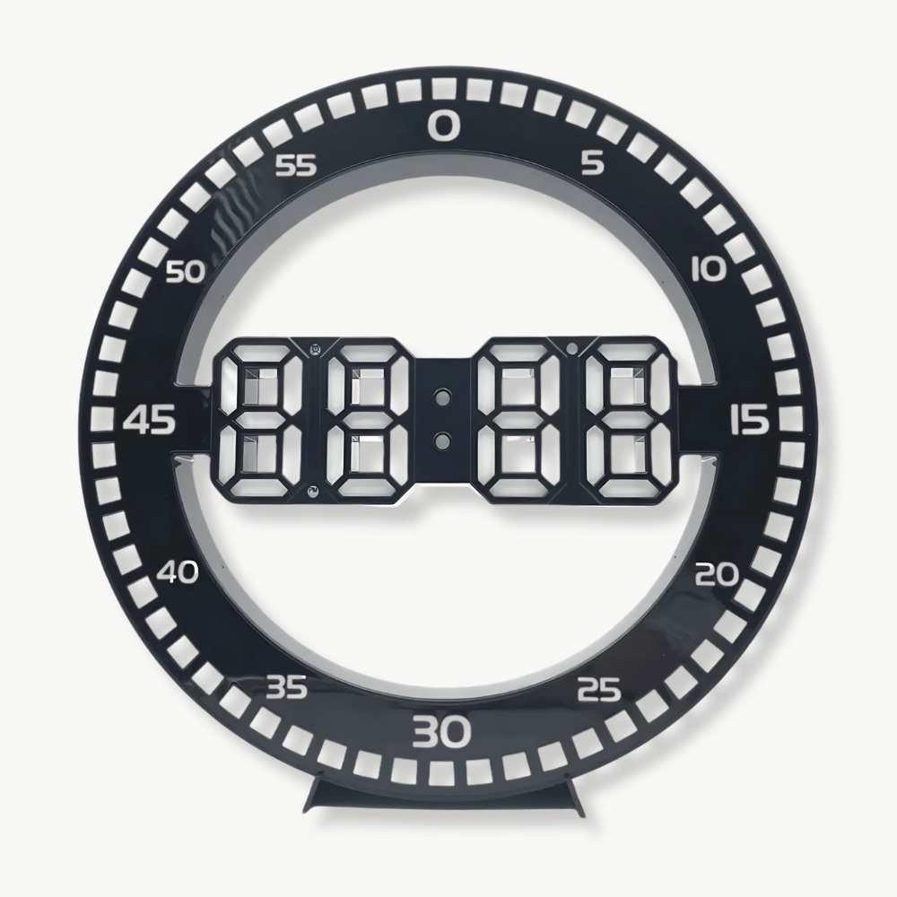 3D LED digital wall clock with red LED display on white frame mounted on living room wall