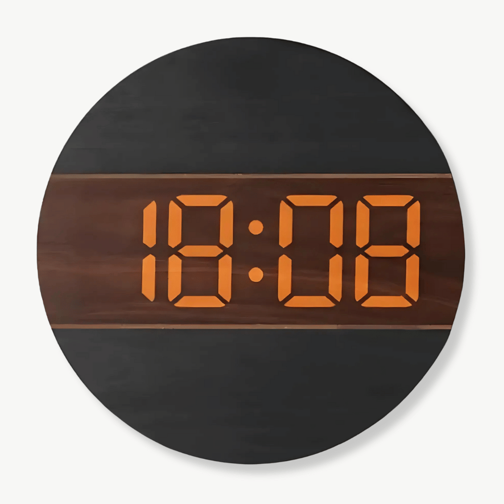 LED wood wall clock in natural bamboo finish mounted on a white wall