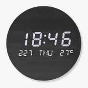 Solid wood LED digital wall clock in black showing time and temperature