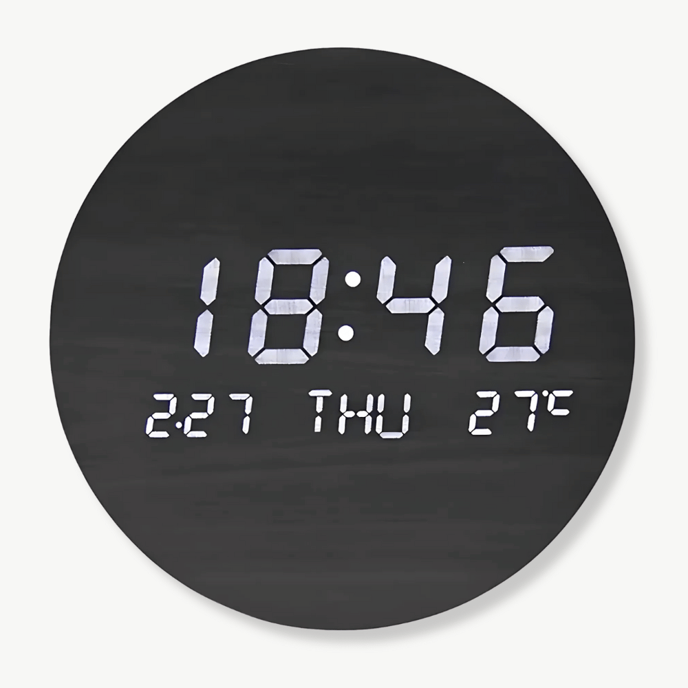 Solid wood LED digital wall clock in black showing time and temperature