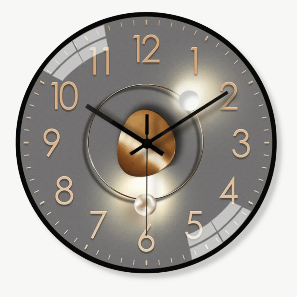 Light and Shadow wall clock with black dial mounted on a living room wall
