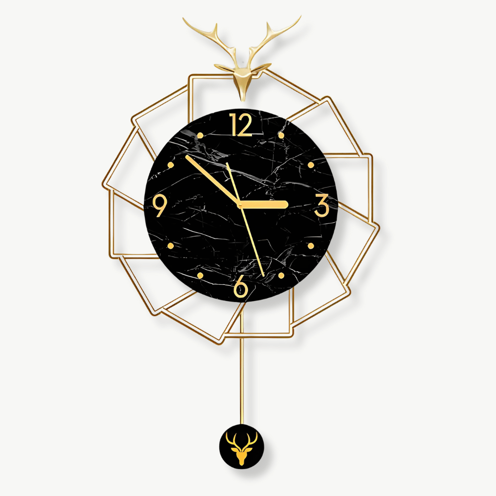 Luxury gold deer wall clock with black marble metal finish, 38x60 cm