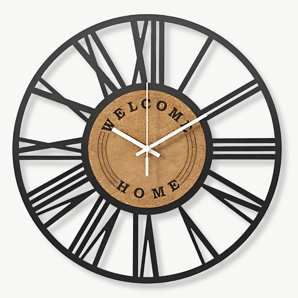 40 cm metal and cork wall clock with Roman numerals on a white wall