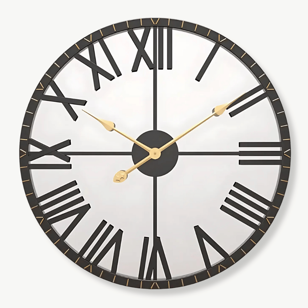 Black and gold circular mirror wall clock 58 cm on a light wall