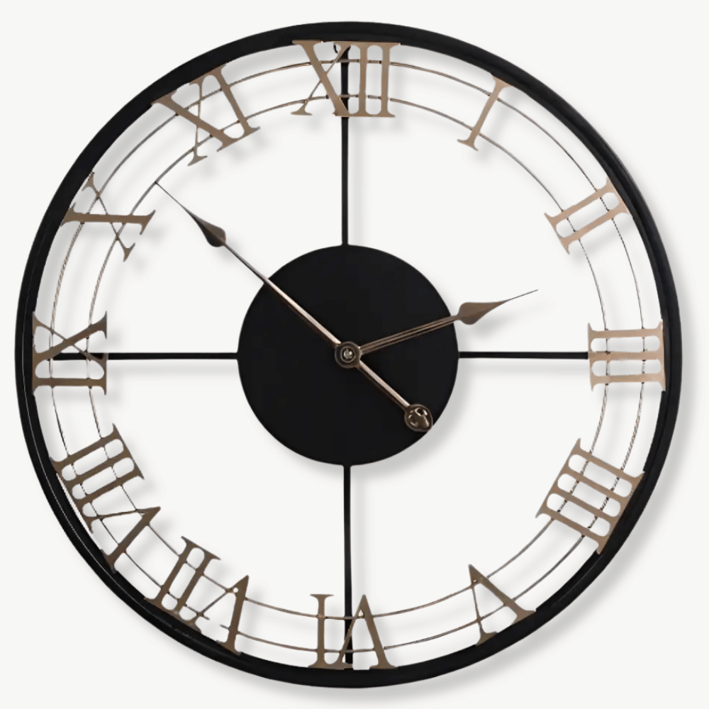 Large black metal Roman numeral wall clock 60 cm industrial design