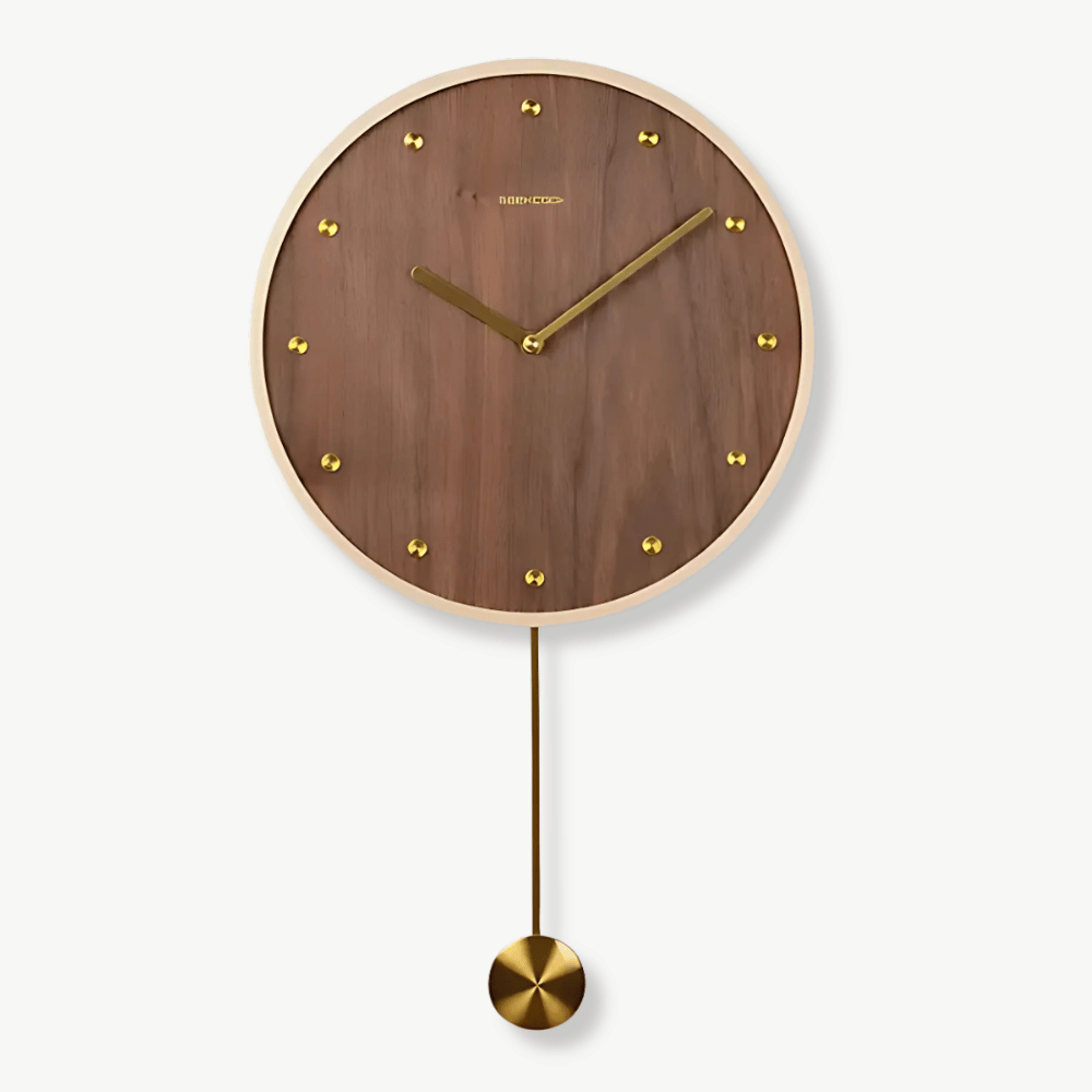 Modern pendulum wall clock in natural bamboo wood, 12 inch diameter