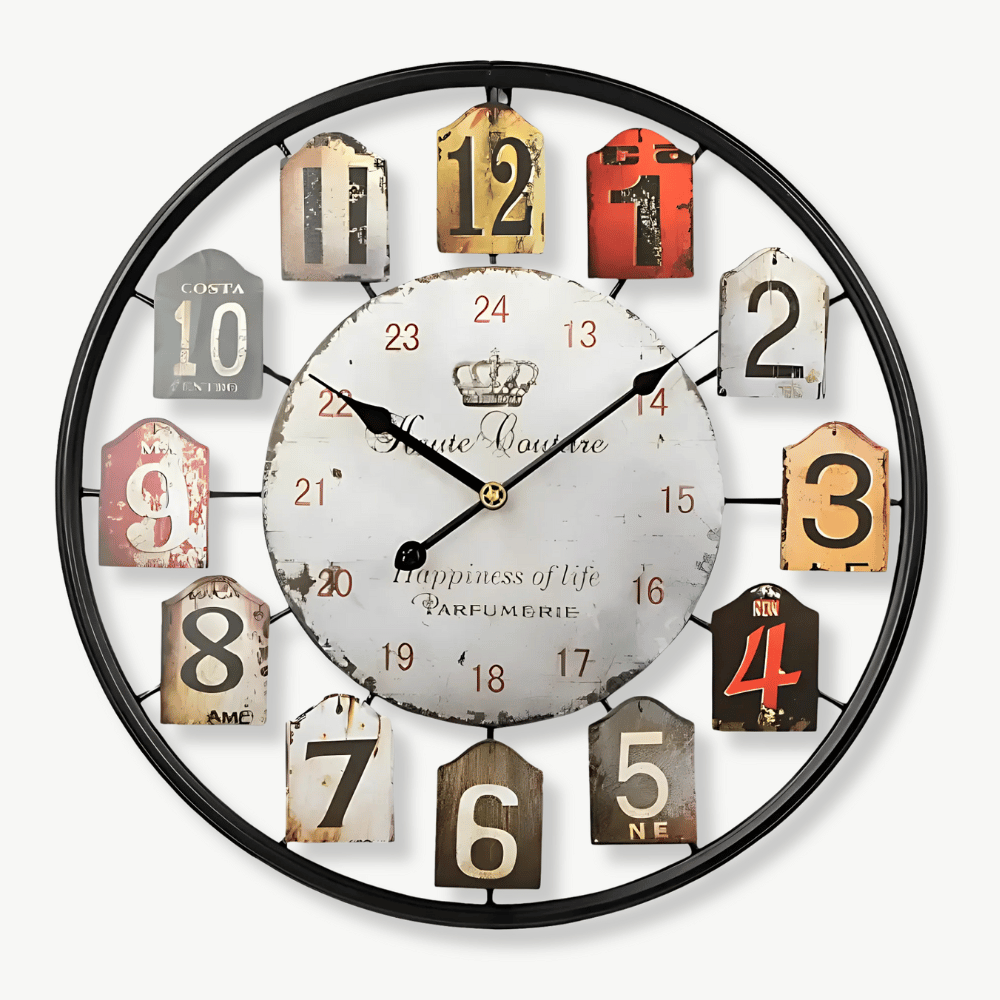 Vintage Parfumerie metal wall clock with dome shape in black red and gold