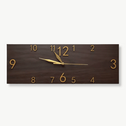 Rectangular wood-look wall clock in natural wood tone hanging in a modern living room