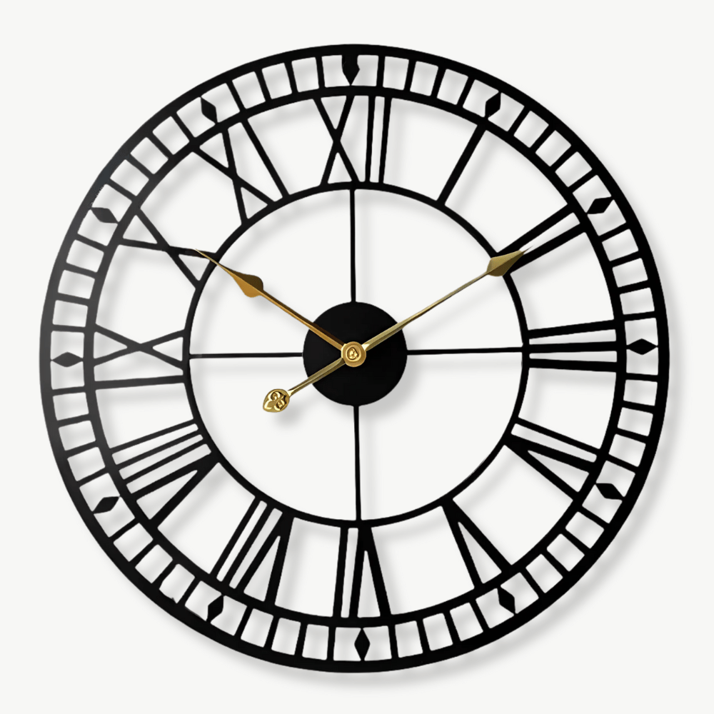 Retro industrial metal wall clock 40 cm with gold hands on a white wall