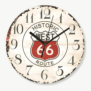Route 66 vintage bamboo wall clock with black analog numerals on white background