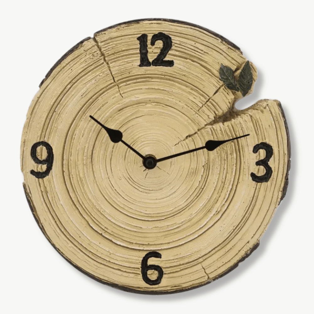 Rustic log-shaped wall clock with wood-look resin body hanging on a wall