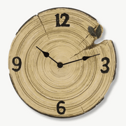 Rustic log-shaped wall clock with wood-look resin body hanging on a wall