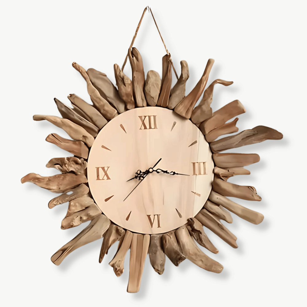Driftwood sun wall clock made from bamboo and sycamore wood, 50 cm diameter