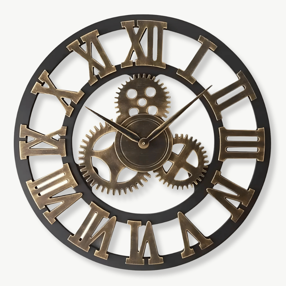 Steampunk gear wall clock with 3D wooden gears in bronze finish