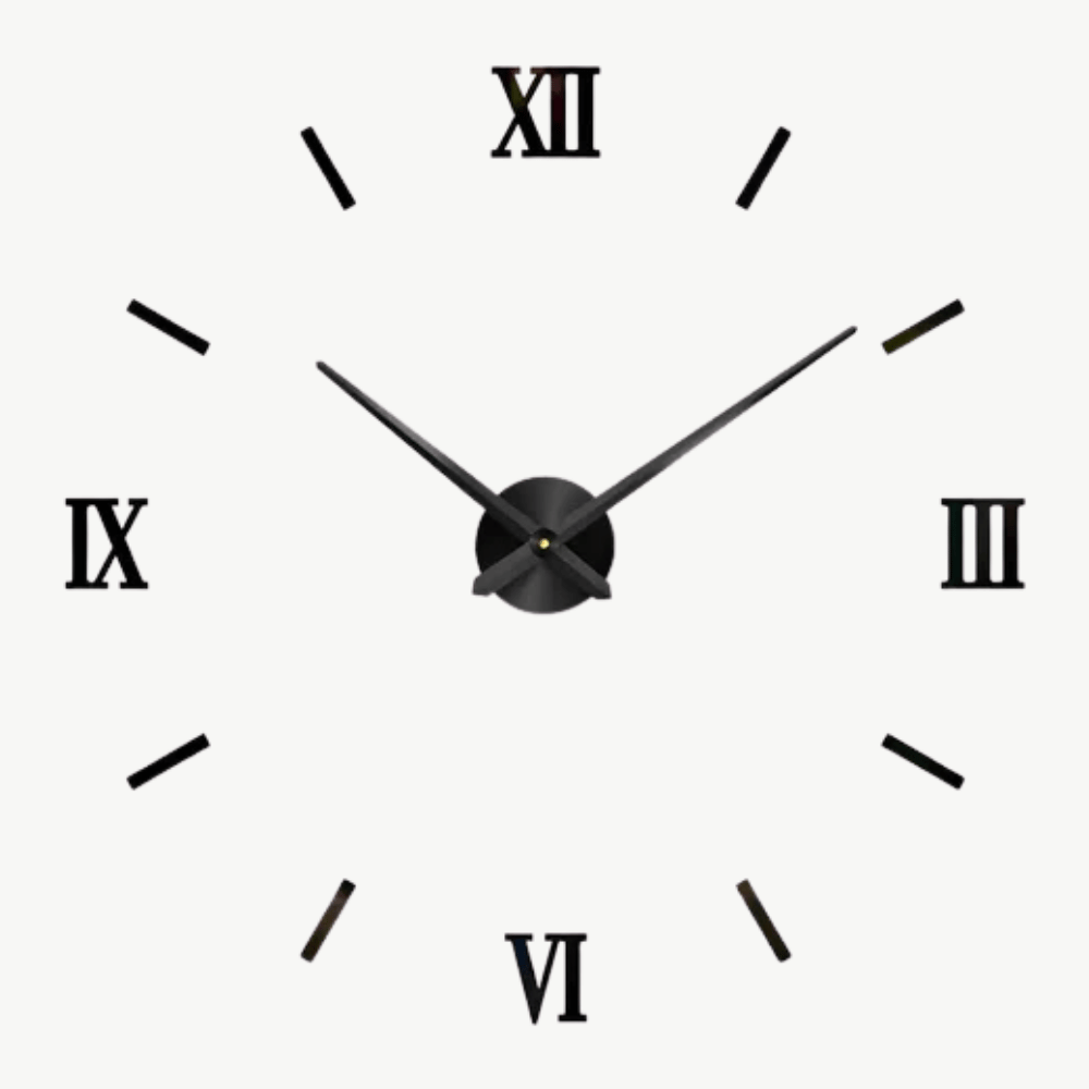 3D sticker wall clock in silver on a white living room wall