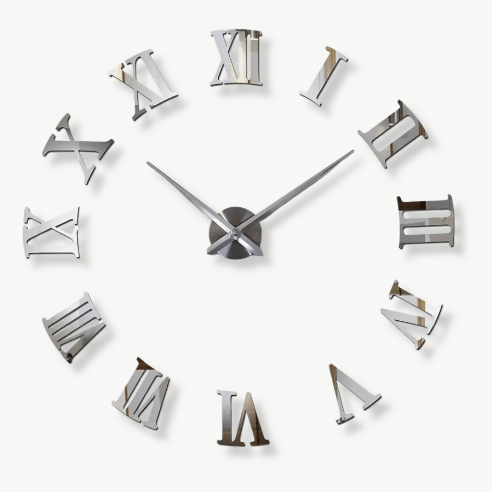 Roman numeral sticker wall clock in black on a white living room wall