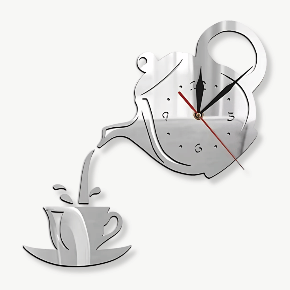 Teapot and kettle wall clock set in black finish on a kitchen wall