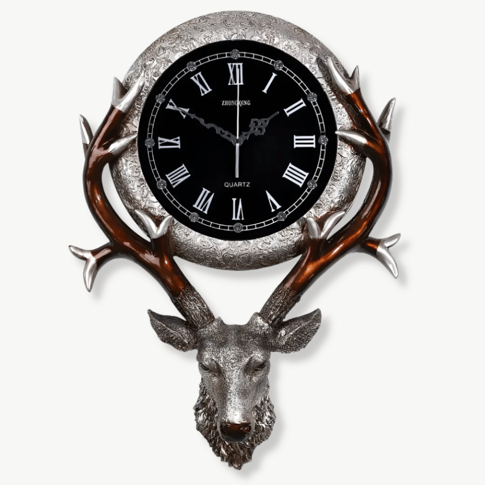 Large deer head wall clock in silver finish with Roman numerals and glass mirror accents