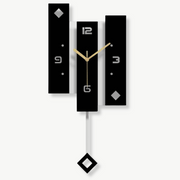 Modern acrylic pendulum wall clock with geometric design mounted on a living room wall
